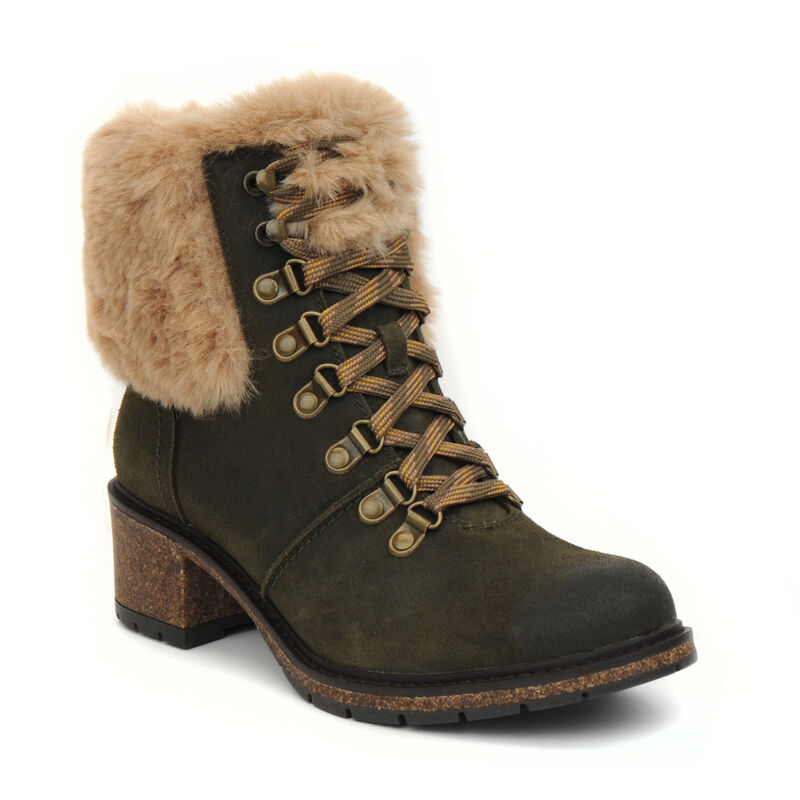 Aetrex Brooklyn Weather-Friendly Fur Lace Up Women's Ankle Boots Khaki Green | OJZ2957LU