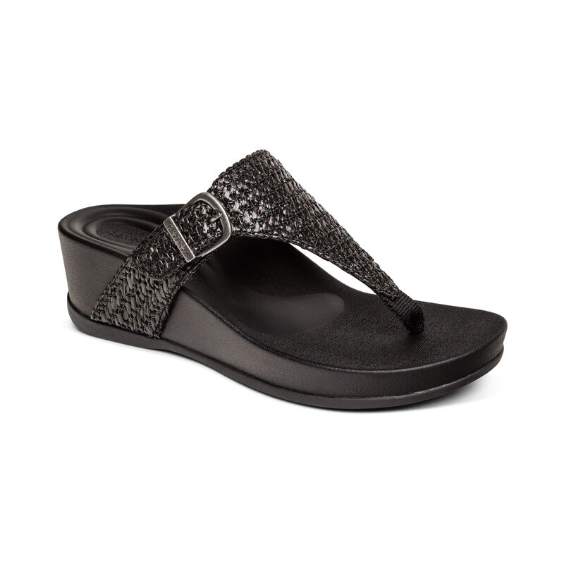 Aetrex Kate Thong Women's Wedge Sandals Black | KEL9862XW