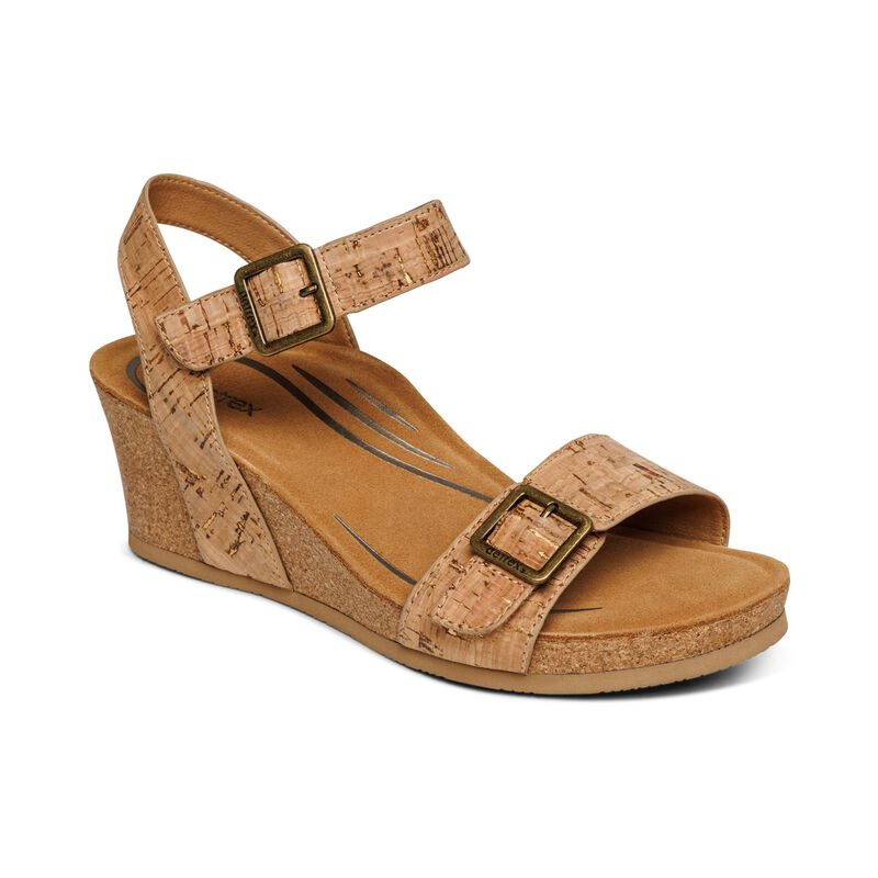 Aetrex Lexa Quarter Strap Women's Wedge Sandals Brown | DWC1244QA