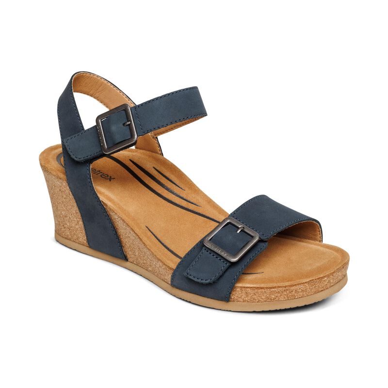 Aetrex Lexa Quarter Strap Women's Wedge Sandals Navy | NBR5753QM