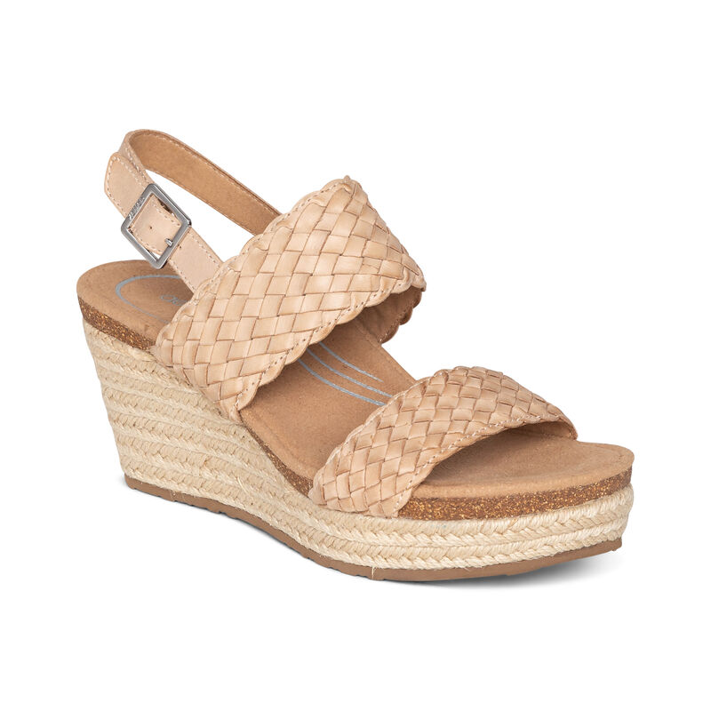 Aetrex Summer Woven Quarter Strap Women's Wedge Sandals Beige | TVW6517ZY