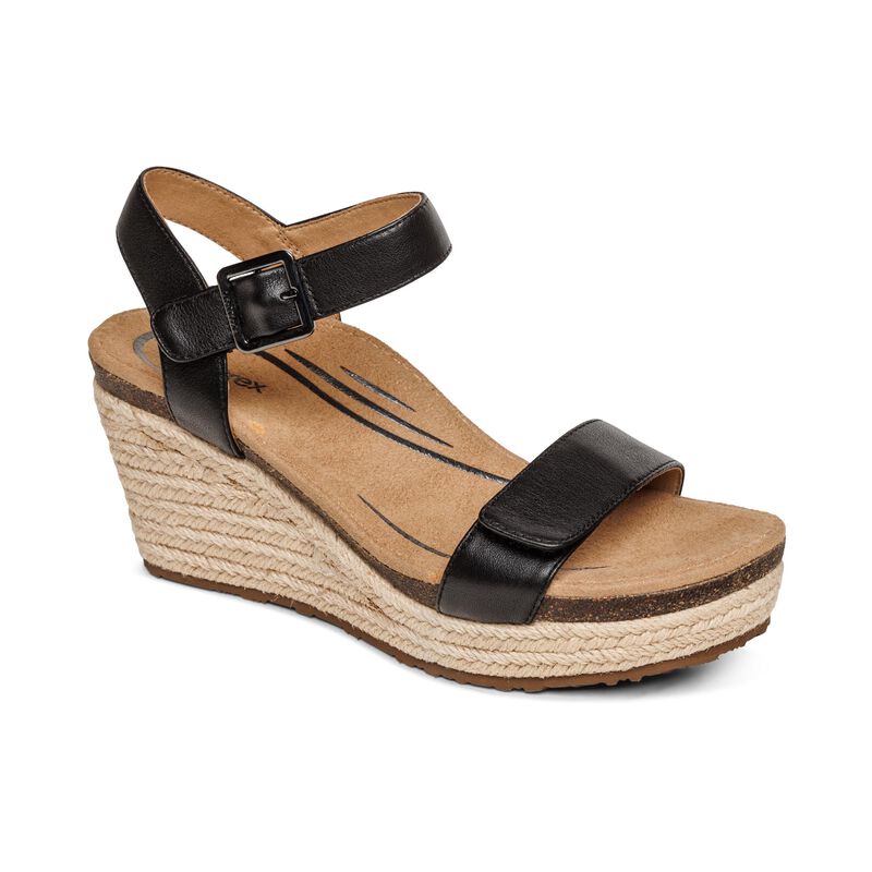 Aetrex Sydney Quarter Strap Espadrille Women's Wedge Sandals Black | MHT829DO