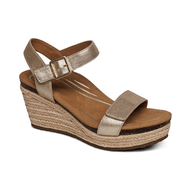 Aetrex Sydney Quarter Strap Espadrille Women's Wedge Sandals Gold | VUI7044MP