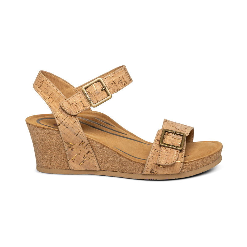 Aetrex Lexa Quarter Strap Women's Wedge Sandals Brown | DWC1244QA